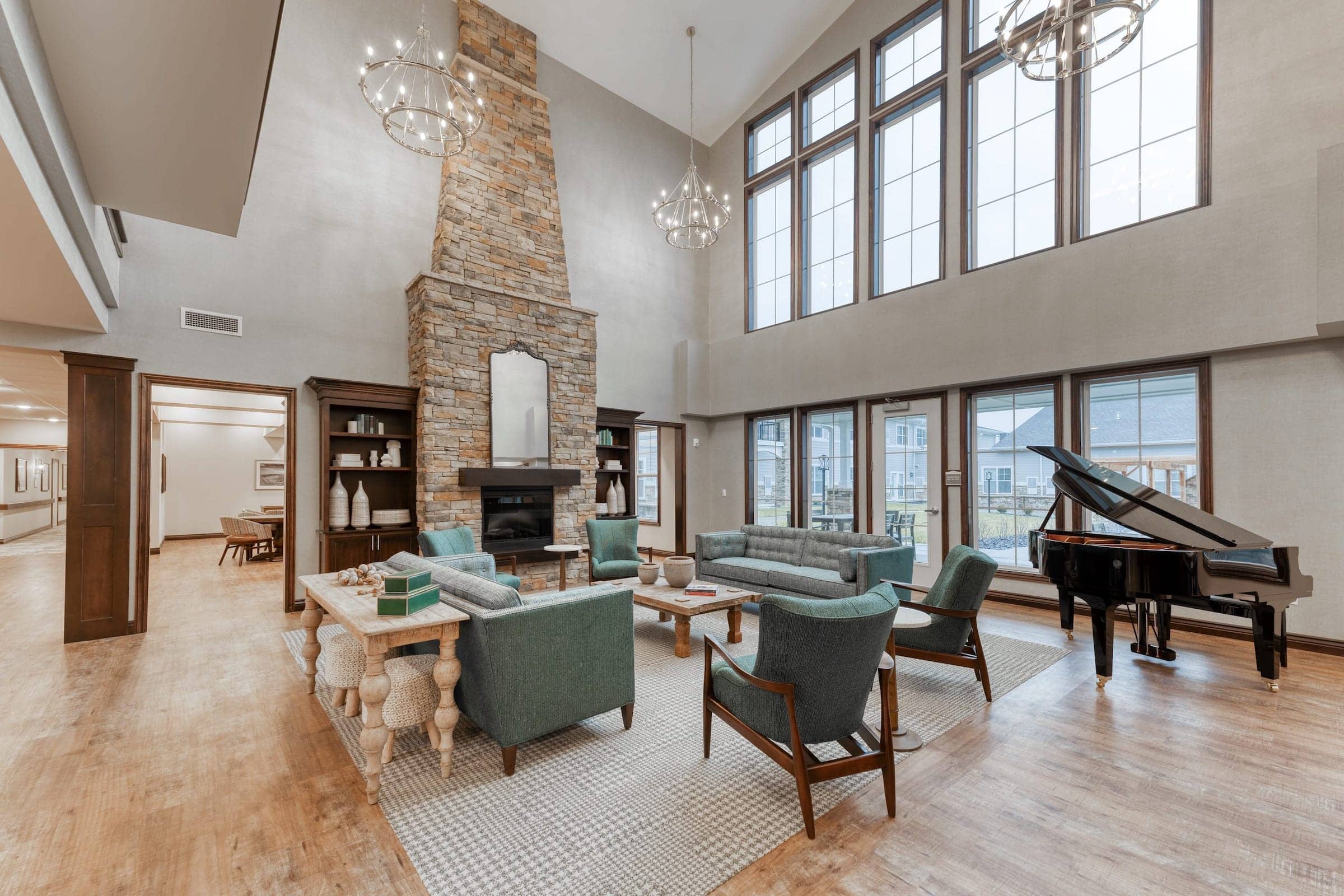 Cedarhurst Arnold open lobby with custom stone fireplace